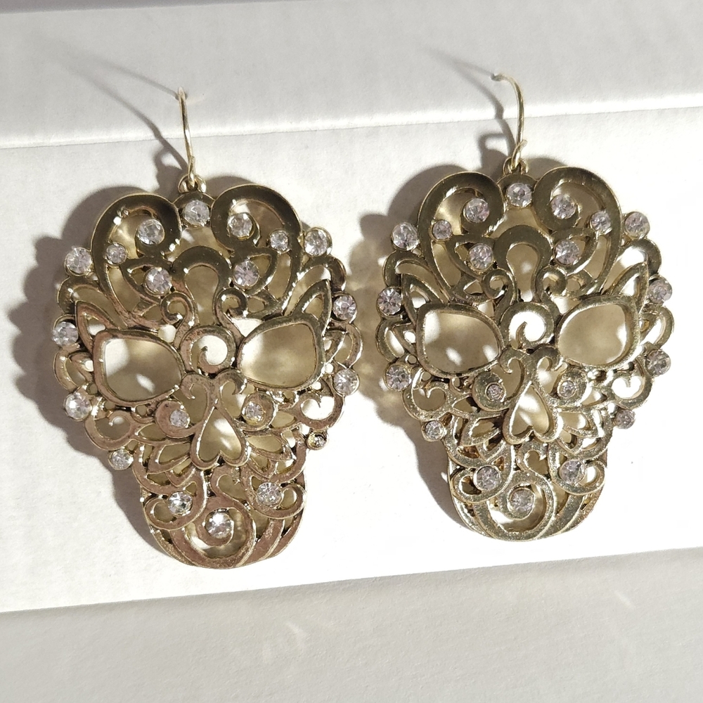 Gold Plated Filigree & Crystal Scroll Design Dangle Earrings Heavy Earrings - Picture 8 of 11